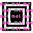 Four identical square display a repeating pattern of pink 'mel' text over black-and-white concentric squares with a central black square