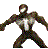 Pixelated figure in dynamic pose with outstretched arms, wearing dark green and maroon armored suit with white chest emblem on gray background.