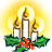 Three white candles with brown bases burn atop green foliage and red berries under a yellow halo.