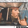 Animated sequence of a character in pirate attire with long dark hair and a tricorn hat, holding a pipe near his mouth against a ship's mast background.