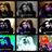 A grid of nine pixelated static images showing various characters and abstract designs with distinct color palettes and backgrounds.