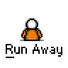 A 4x3 contact sheet of a pixel art animation showing a stick figure running away, with text "Run Away" under each frame.