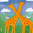 Two orange-brown giraffes with dark brown spots stand side-by-side against a blue sky with white clouds and green grass background.