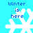 Pixelated snowflake icon with blue text 'Winter is here' on cyan background, showing animation frames where the snowflake's arms shift position.