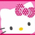 Pixelated Hello Kitty face with pink bow, yellow nose, black eyes and whiskers on pink background.