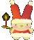 Pixelated bunny in Santa hat holding candle, with two distinct poses showing different leg positions.