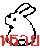 Pixel art contact sheet of five animated frames showing a white rabbit mascot with changing text overlays in red, green, blue, and purple on a gray background.