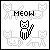 Pixel art cat icon with 'MEOW' text, alternating black and pink lettering , striped tail, and faint cat silhouettes in background