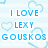 Pixelated blue text on light blue background with heart outlines, reading "I LOVE LEXY GOUSKOS" in three lines.