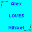 Pixelated text and star icons on a cyan background, with alternating purple text reading "Alex," "LOVES," "Nihkel," and "Alex." Stars change position between observations