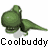 Animated contact sheet of a green cartoon dinosaur mascot with subtle pose changes across 8 frames, displayed in a 3x3 grid layout with repeated "Coolbuddy" text below each frame.