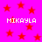 Pixelated text "MIKAYLA" appears four times on a bright pink background with red stars, each instance in white block letters.