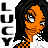 Pixel art contact sheet of a cartoon character with orange skin and black hair in three frames showing subtle facial expression changes, accompanied by vertical text "LUCY" on the left side.