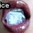 A close-up of lips holding a blue ice cube with visible text 'ice' and 'cold.' on either side.