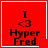 Red square icon with white border containing black text "I <3 Hyper Fred" and a small heart symbol in the top-right corner.