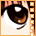 Pixelated anime-style eyes with brown irises and white highlights, framed by orange borders on a light background.