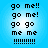Pixelated text on a blue gradient background with four identical vertical of repeated phrases and exclamation marks