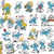 Pixelated static image of multiple small character icons in blue, yellow, and brown tones with some red accents on white background.