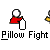 Animated sequence of two stick figures fighting with pillows on a gray background, each figure has a white circular head and red or yellow body.