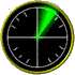 Animated circular gauge with black face, yellow border, and green needle moving clockwise across white tick marks.