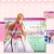 Pixelated static image of a figure with long brown hair wearing a pink top and white pants standing near a microphone on a stage with pastel-colored background elements.