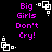 Pixelated text "Big Girls Don't Cry!" in bright pink on black background with white geometric shapes, animated rotation of corner elements.