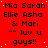 Red background with repeated black text reading "Mia Sarah Ellie Asha & Mari ^^ luv u guys!!" in a pattern, with a gray square in the bottom-right corner