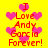 Yellow background with pink heart shapes and red pixelated text reading "I Love Andy Garcia Forever!" in two vertical