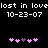 Pixelated text and date display with pink heart icons on black background, showing animation of one purple heart changing to pink