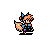 Pixel art character with orange hair and blue accents in two poses, one facing left with tail visible, the other turned right.
