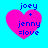 Four identical pink heart-shaped icons with blue text on a cyan background, each displaying "joey + jenny =love" in pixelated font.