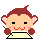 Pixelated character with brown hair, pink cheeks, and red mouth in two states: open mouth with visible teeth and closed mouth with no teeth.