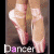 Animated sequence of a dancer's feet in ballet shoes performing movements against dark background with 'Dancer' text overlay.