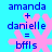 Blue text on cyan background with pink snowflake symbols, showing 'amanda + danielle = bffls' in two identical vertical sections.
