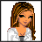 Pixel art of a female character with long brown hair, wearing a white top and dark blue skirt, holding a pink bag, with a pink background displaying 'I ❤️ shopping' text.
