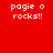 Red background with white pixelated text "pagie o rocks!!" and blue rectangular blocks in various positions across the frame.