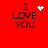 Red background with black text "I LOVE YOU" and four distinct pixelated heart animations in different positions.