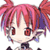 Pixelated anime-style character icon with pink hair, red eyes, and purple accents on a white background.