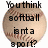 Two baseballs with text overlays on the left, a softball player pitching on a field to the right.