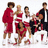 Group of people in red and white outfits with pixelated text reading 'we're all in this together' on a white background.