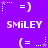 Purple background with white pixelated text and smiley face icons featuring stars, dots, and parentheses in a