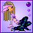 Pixel art of a blonde girl with pink headband kicking a dark object, next to text reading 'Remember, Jesus loves u but, every1 else thinks ur on ossohole' in cyan and white.