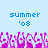 Pixelated graphic with blue text 'summer' and ''08' above pink floral shapes on light blue background.