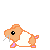 Pixelated hamster with orange-brown body, white belly, pink feet and ears, black eyes, whiskers; gray background.