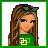 Pixel art icon of a female character with long brown hair, green top, and white heart symbol on chest; includes separate torso, leg, heart shape, and 'party girl' text elements.
