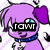 Pixelated purple cartoon character with blue eyes, pink hair, and a blue collar; text overlays change across frames.