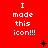 Red background with repeated white pixelated text "I made this icon!!!" and scattered black pixel symbols including plus signs, crosses, and dots.