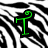 A zebra-stripe patterned background with a green stylized 'T' symbol, two grayscale heart shapes, and one empty gray square
