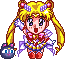 Pixel art character with blonde pigtails, purple hair accessories, pink bow, red boots, and a dark blue cat-shaped bag, shown in four sequential poses.