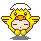 Pixel art character in yellow chick costume with white snow cap, orange beak, and pink cheeks across four poses.